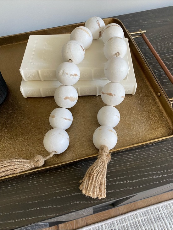 Other - Neutral White Wooden Bead Garland with Jute Tassel - Home Accents